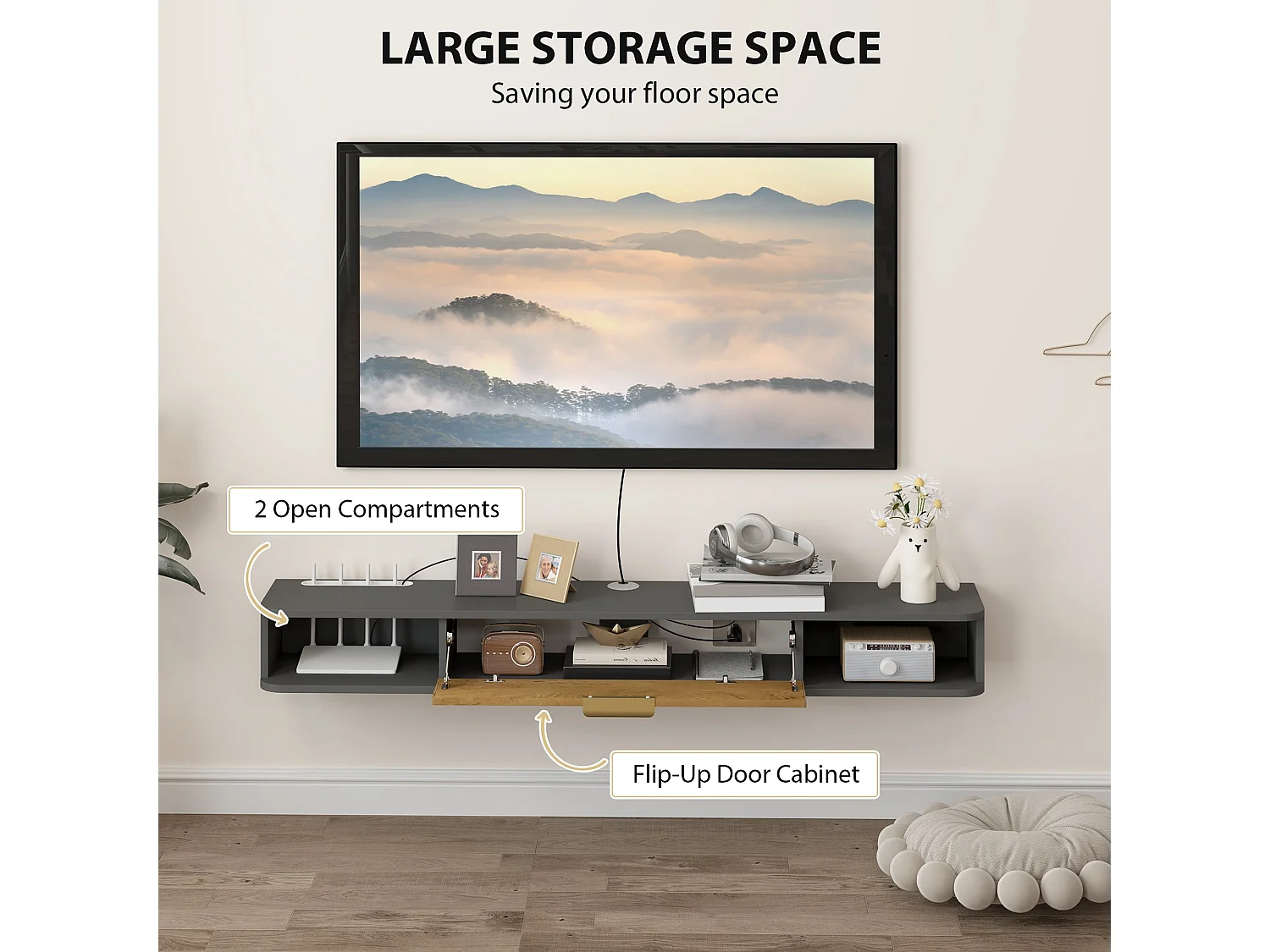 Nova 140cm Floating TV Stand Charcoal Grey with Natural Wood Effect Panel and Storage