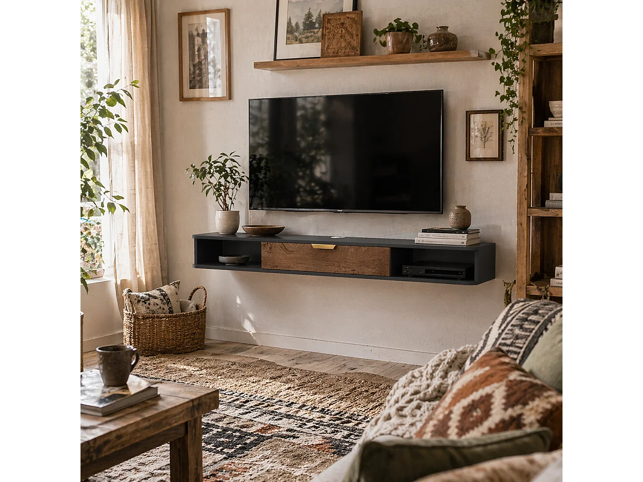 Nova 140cm Floating TV Stand Charcoal Grey with Natural Wood Effect Panel and Storage