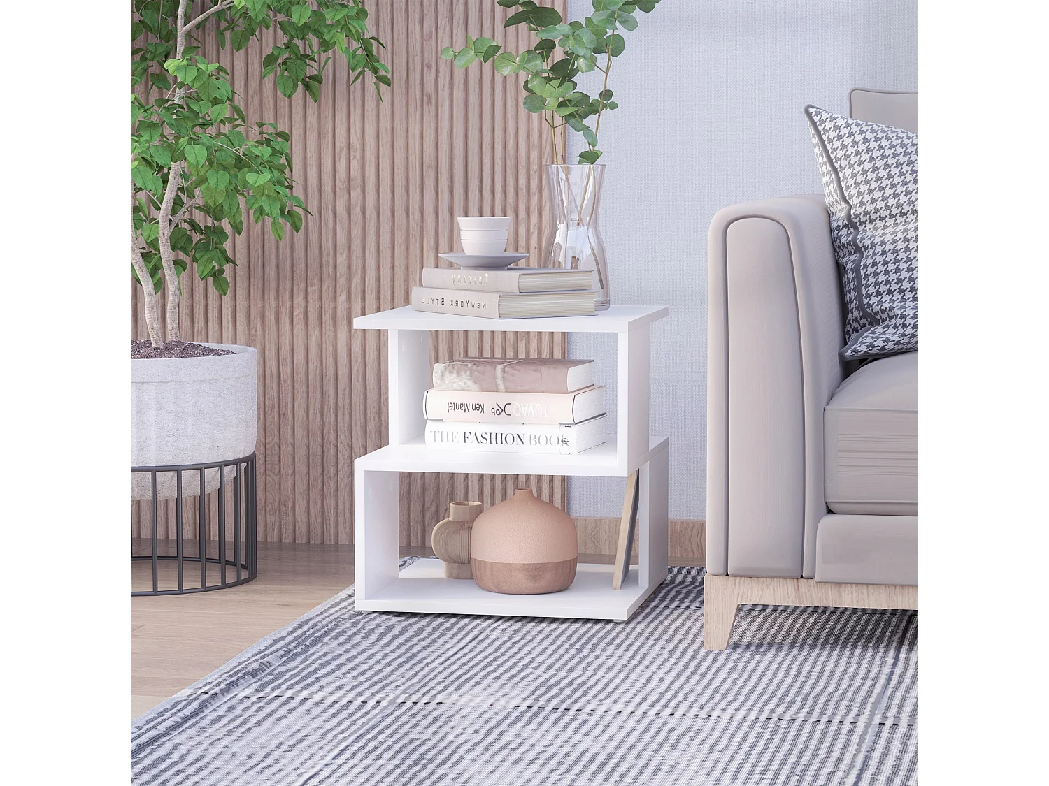 Masevi White Square Side Table with 2 Tier Storage