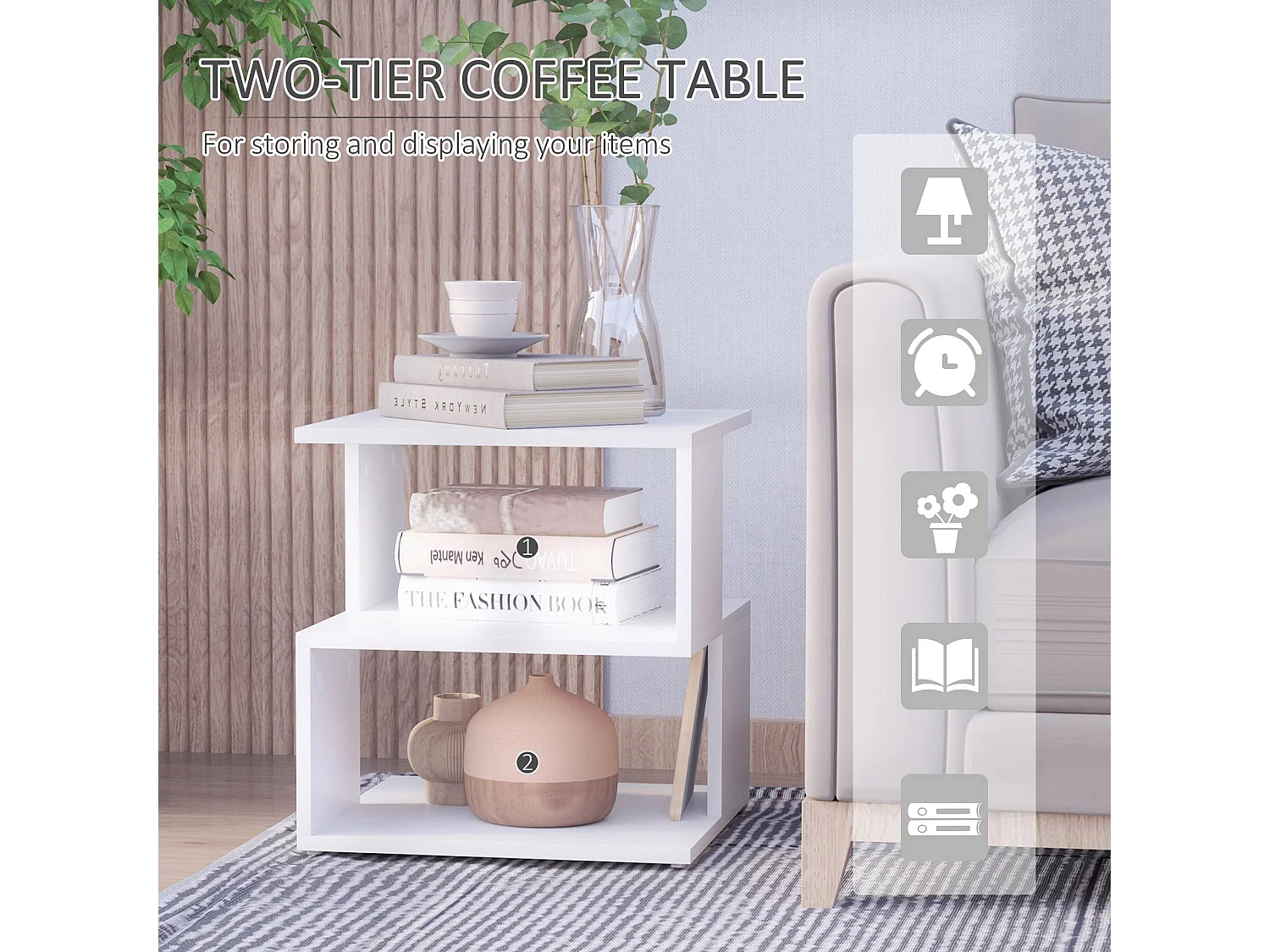Masevi White Square Side Table with 2 Tier Storage