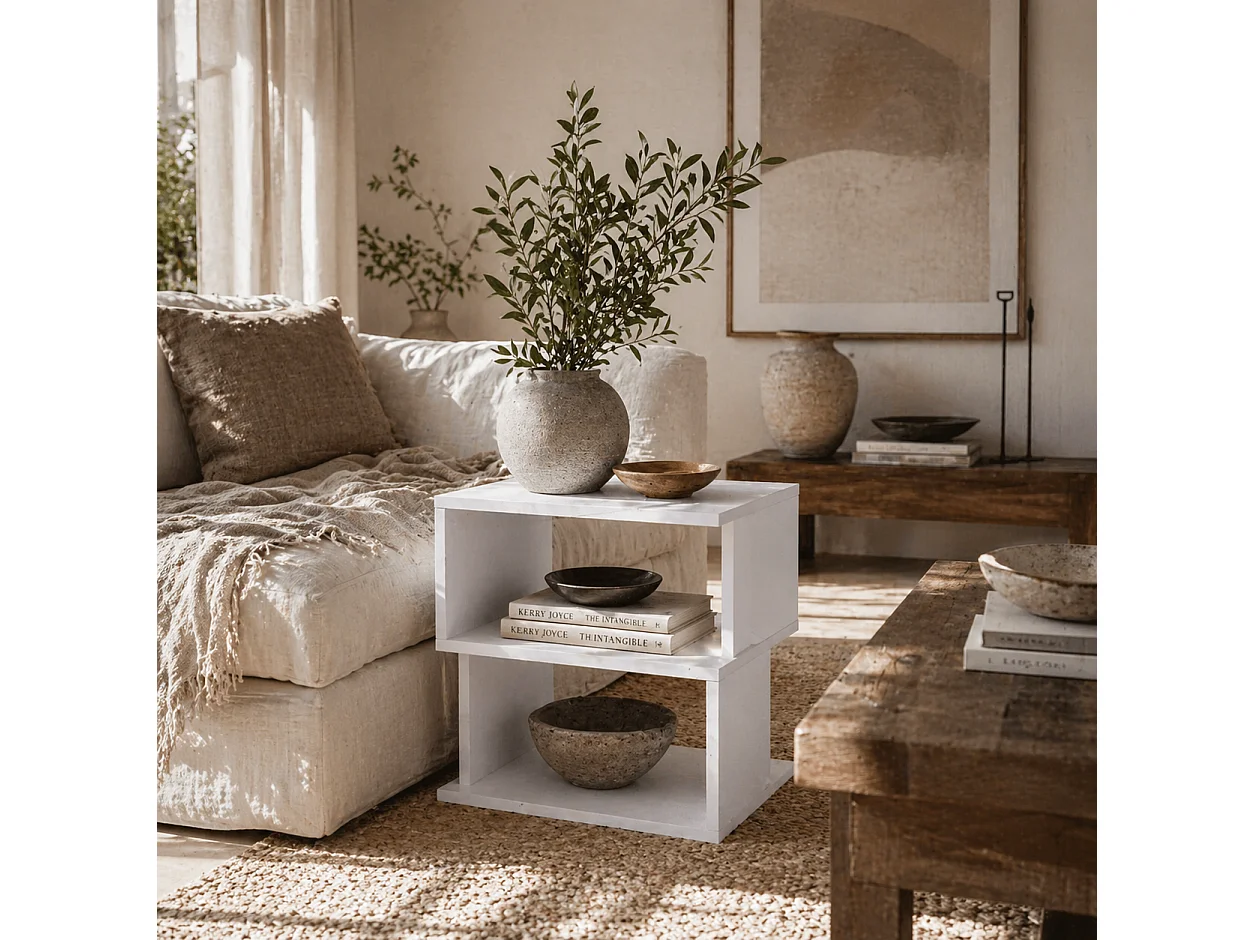 Masevi White Square Side Table with 2 Tier Storage