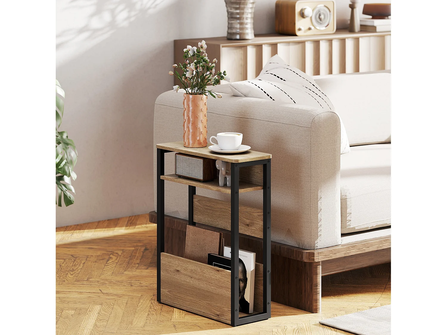 Neleke Industrial Side Table Walnut Brown Wood Effect Top Black Metal Frame