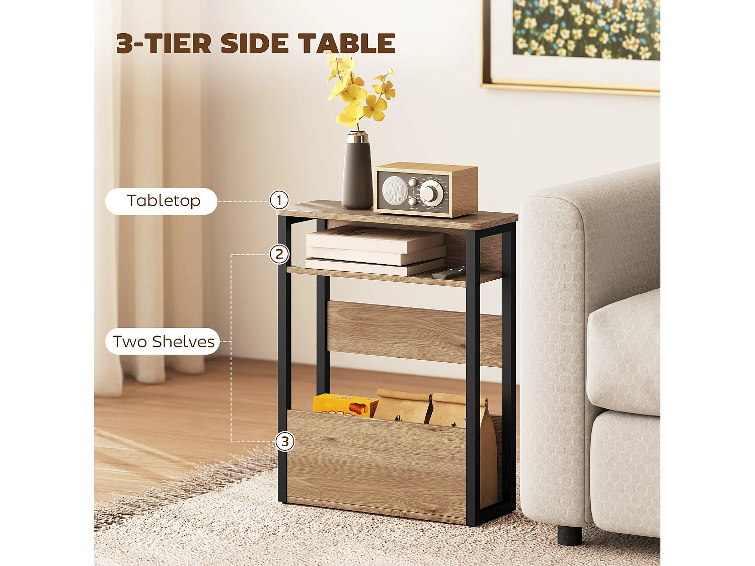 Neleke Industrial Side Table Walnut Brown Wood Effect Top Black Metal Frame