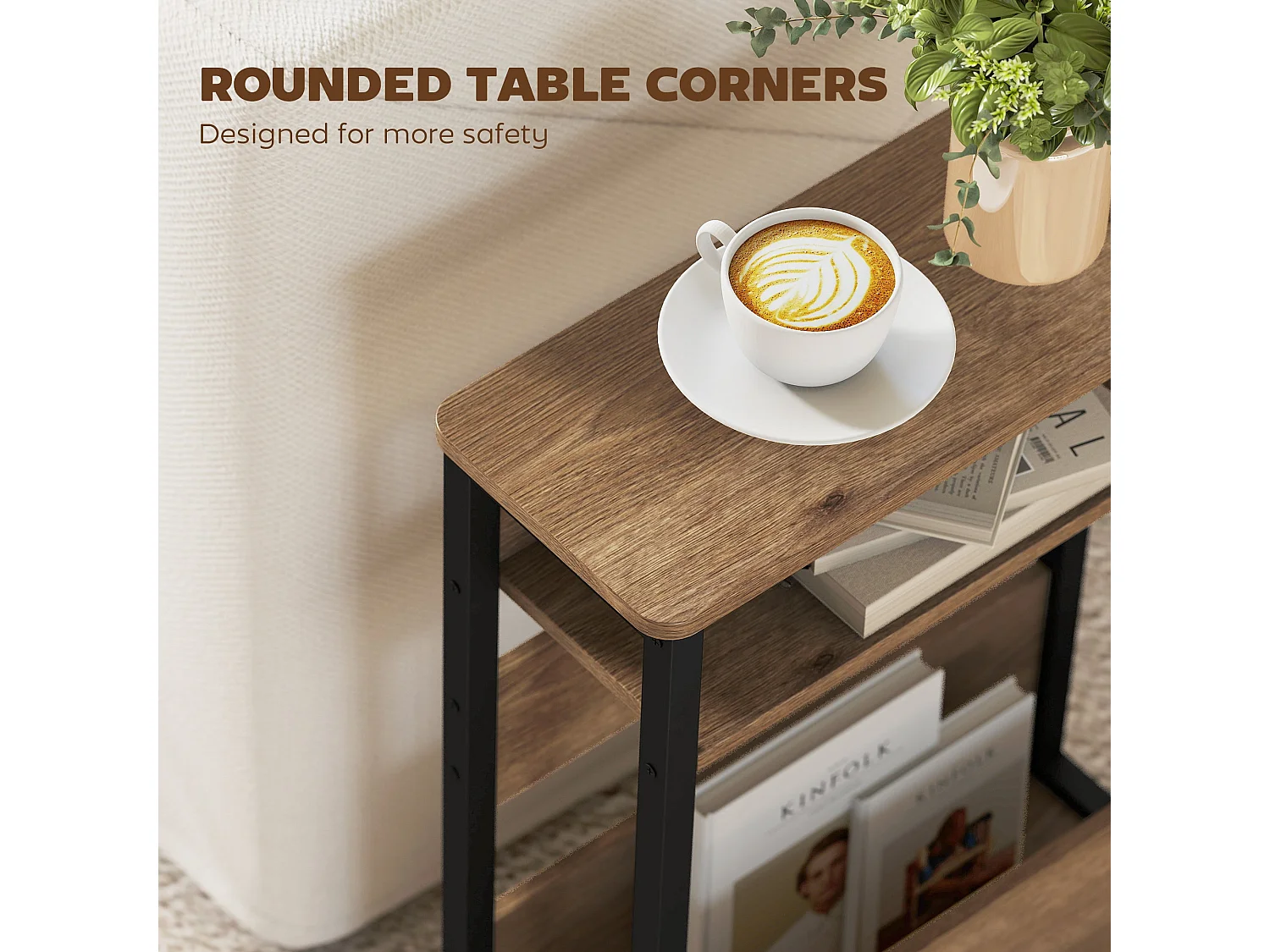 Neleke Industrial Side Table Walnut Brown Wood Effect Top Black Metal Frame