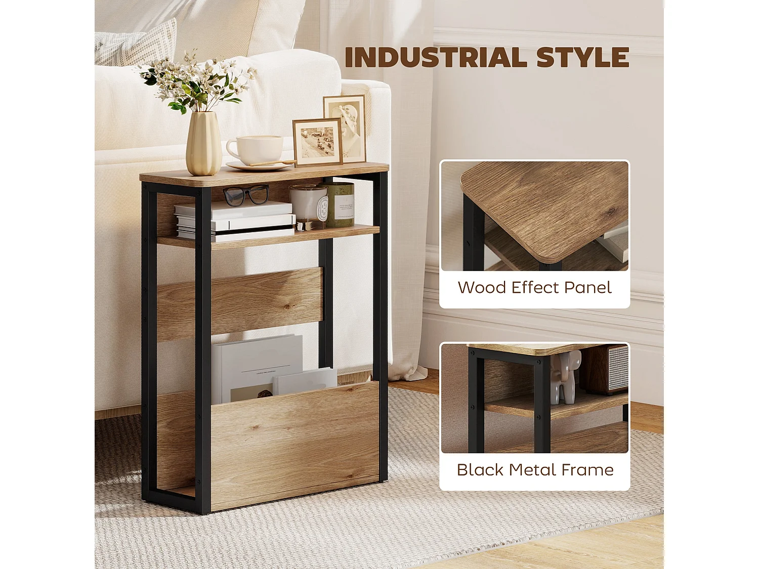 Neleke Industrial Side Table Walnut Brown Wood Effect Top Black Metal Frame