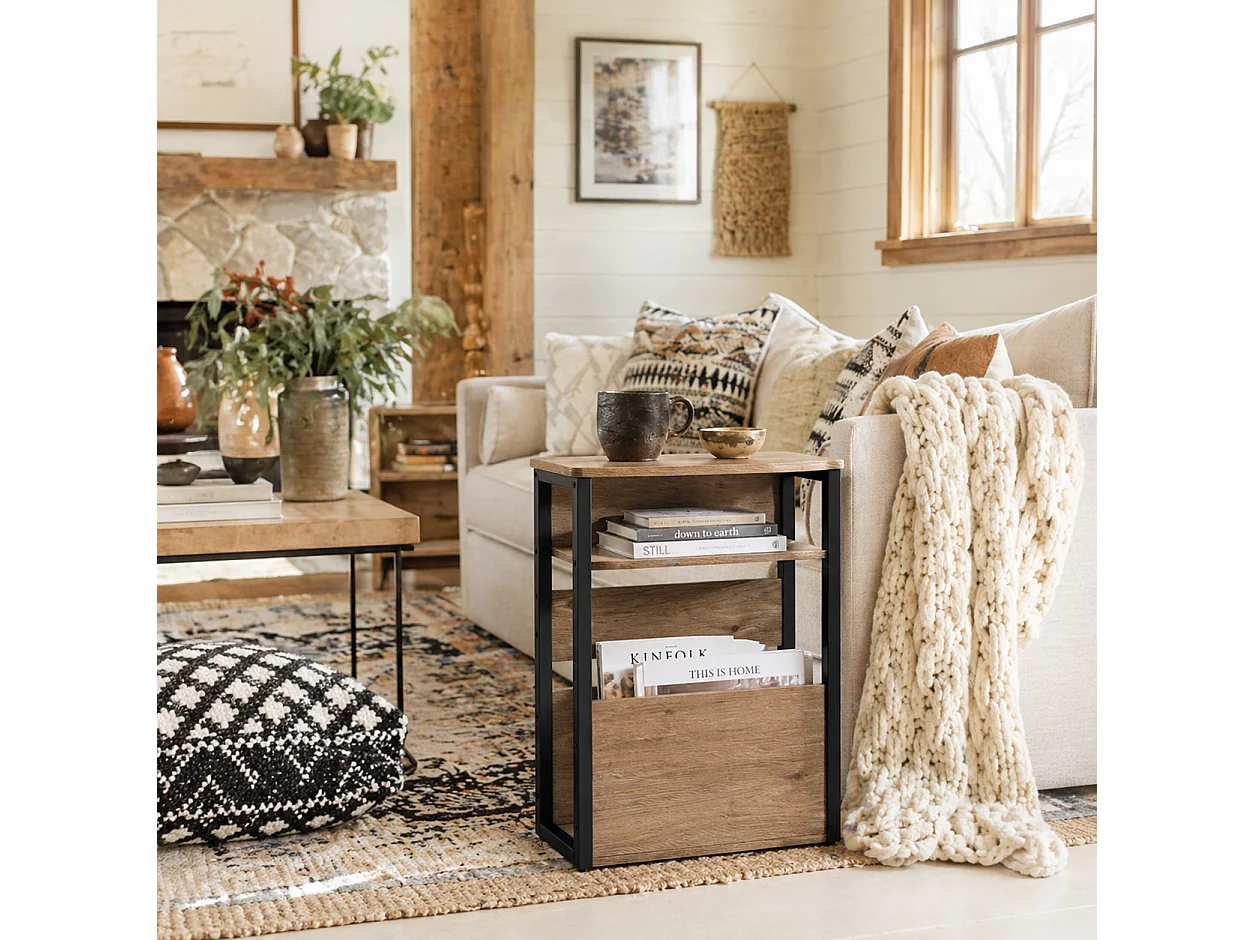 Neleke Industrial Side Table Walnut Brown Wood Effect Top Black Metal Frame