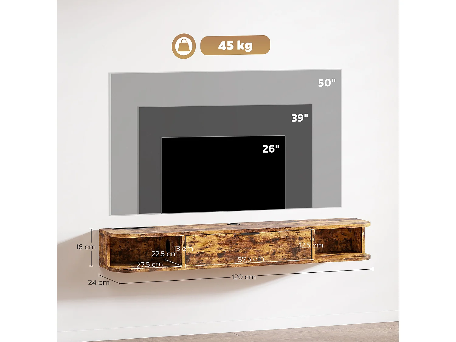 Avamoro 120cm Rustic Brown Floating TV Unit Fits Up to 50" Screens