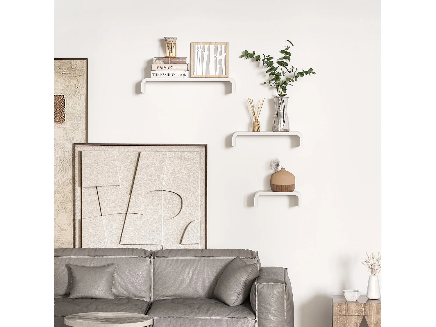 Rasudi Set of 3 White Floating Wall Shelves with Hidden Mounting