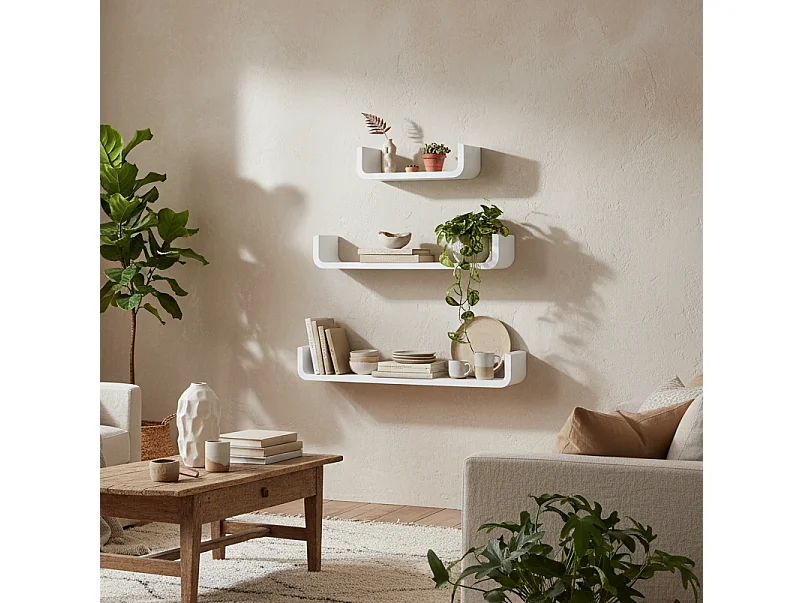 Rasudi Set of 3 White Floating Wall Shelves with Hidden Mounting