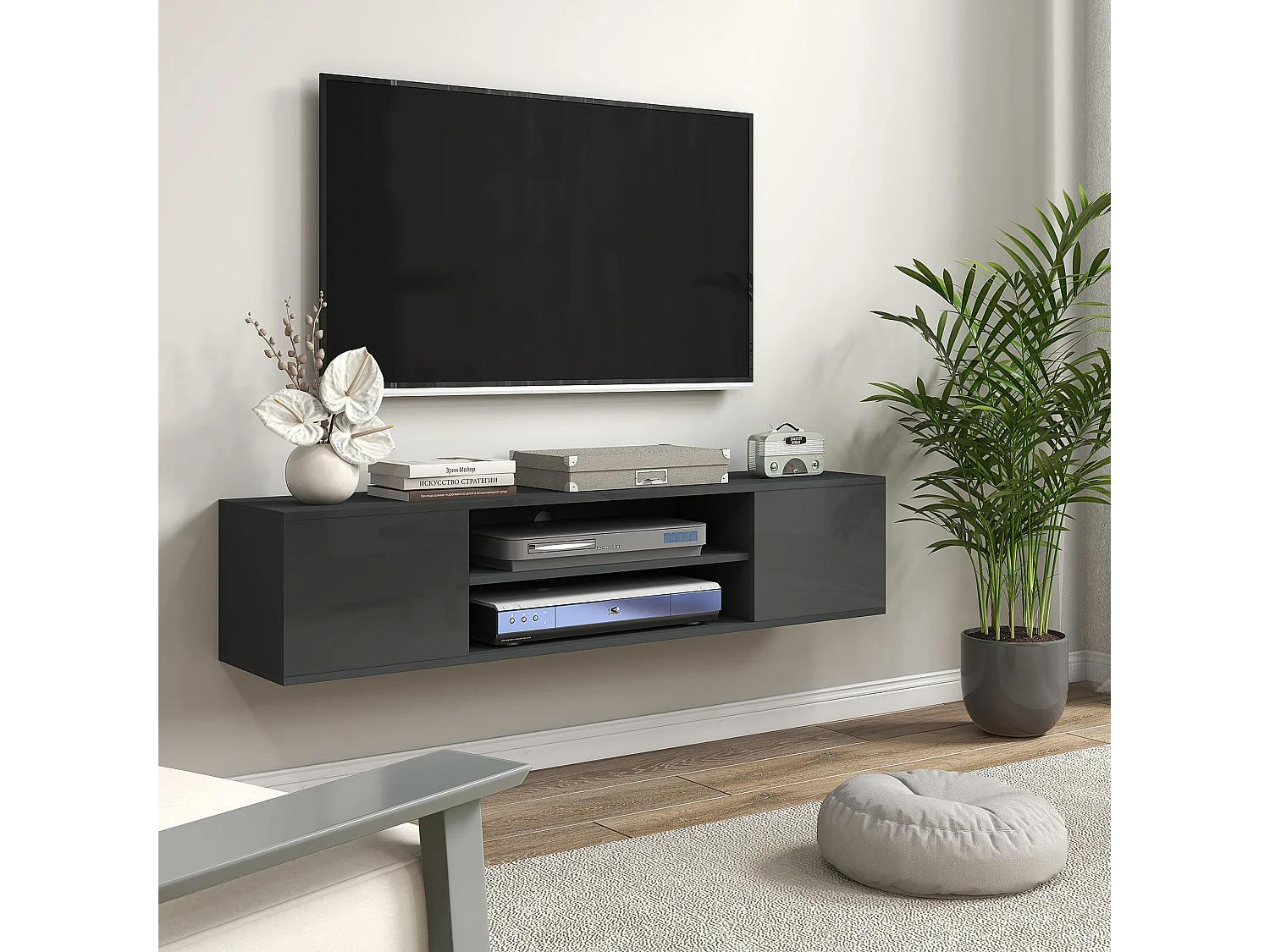Minoco Grey High Gloss Floating TV Stand with Shelves and Doors Fits Up to 60"