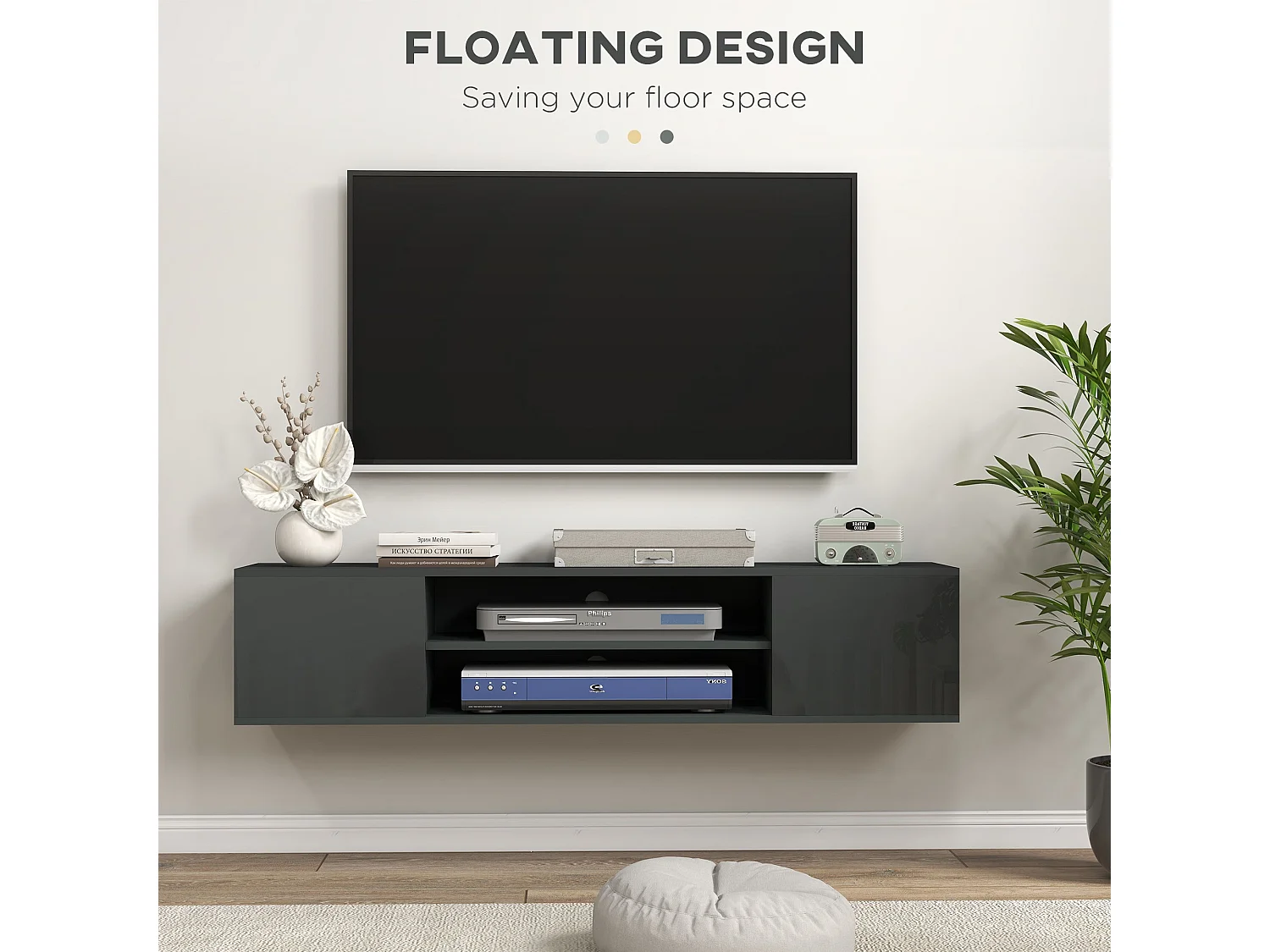 Minoco Grey High Gloss Floating TV Stand with Shelves and Doors Fits Up to 60"