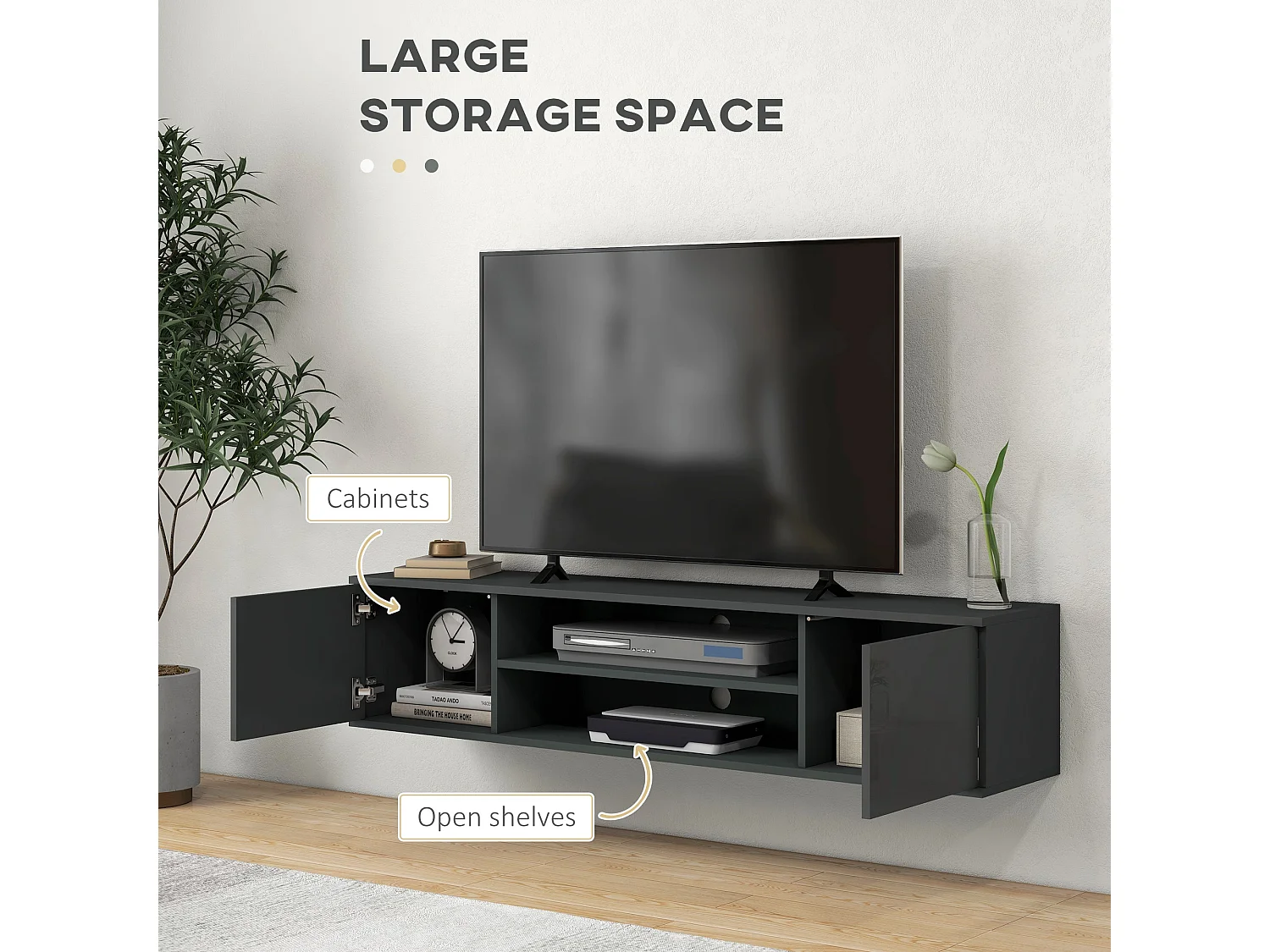 Minoco Grey High Gloss Floating TV Stand with Shelves and Doors Fits Up to 60"