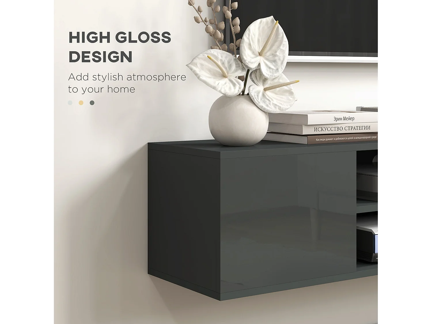 Minoco Grey High Gloss Floating TV Stand with Shelves and Doors Fits Up to 60"