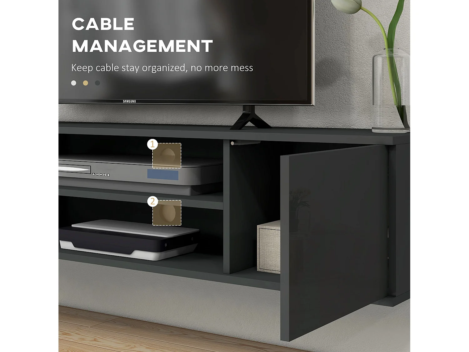 Minoco Grey High Gloss Floating TV Stand with Shelves and Doors Fits Up to 60"