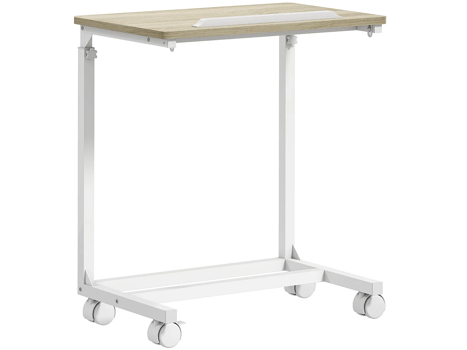 C Shaped Overbed Table Oak and White Adjustable Tilt Top with Lockable Wheels