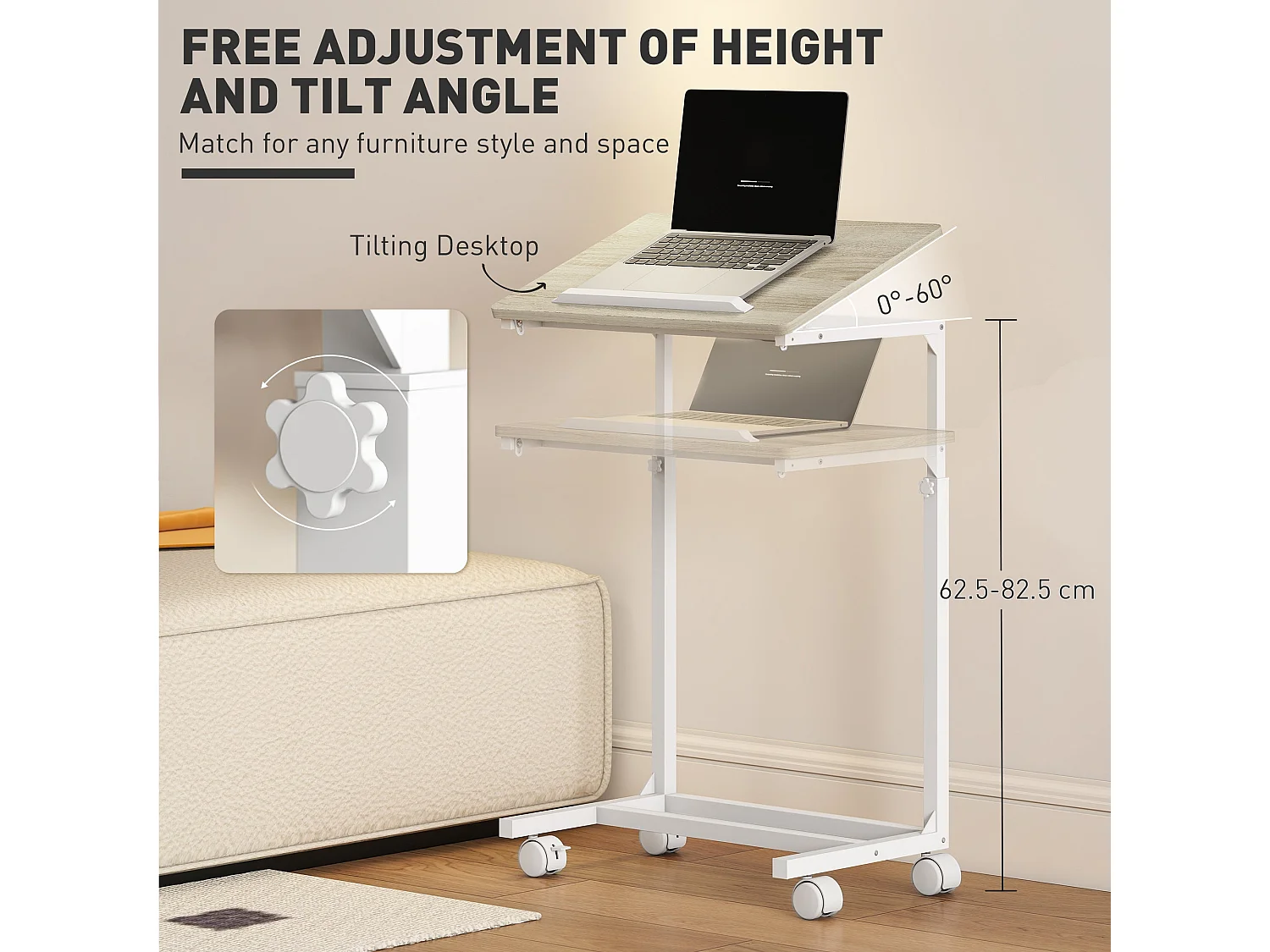 C Shaped Overbed Table Oak and White Adjustable Tilt Top with Lockable Wheels
