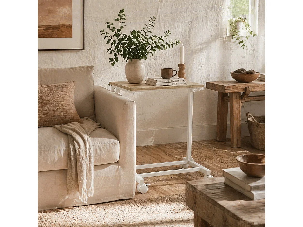 C Shaped Overbed Table Oak and White Adjustable Tilt Top with Lockable Wheels