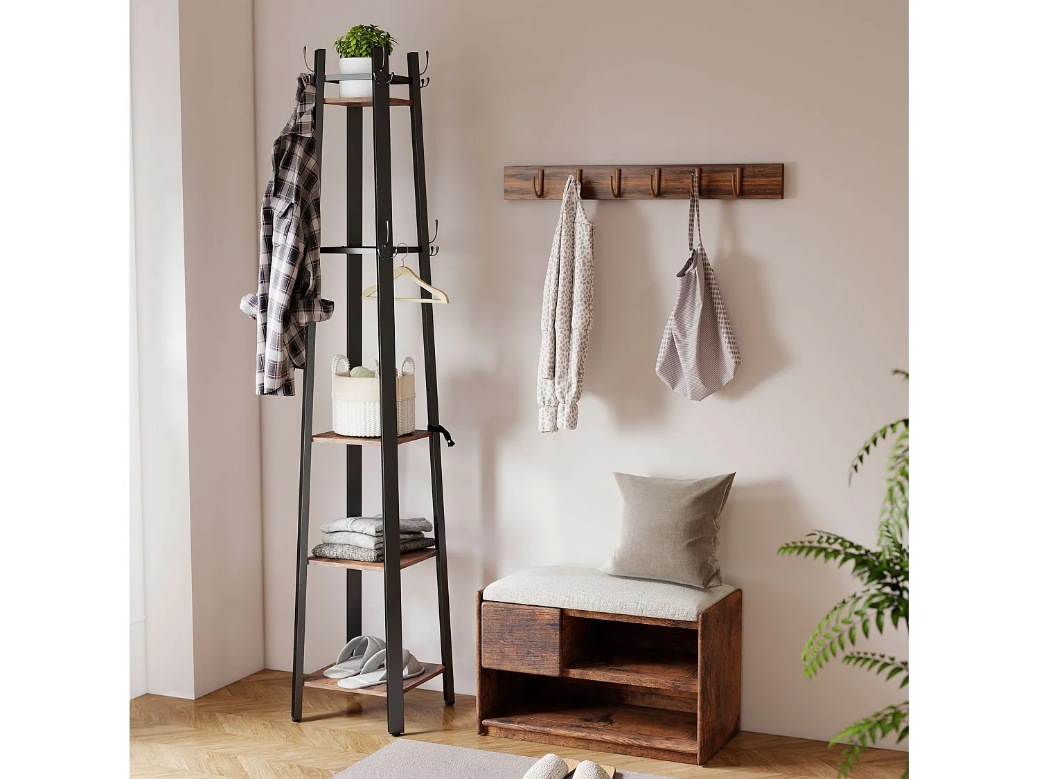 Kareva Industrial Coat Stand with 4 Shelves and 8 Hooks Brown and Black