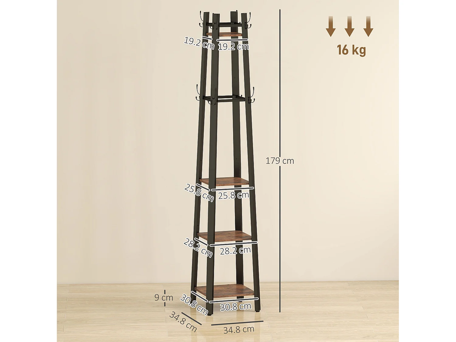 Kareva Industrial Coat Stand with 4 Shelves and 8 Hooks Brown and Black