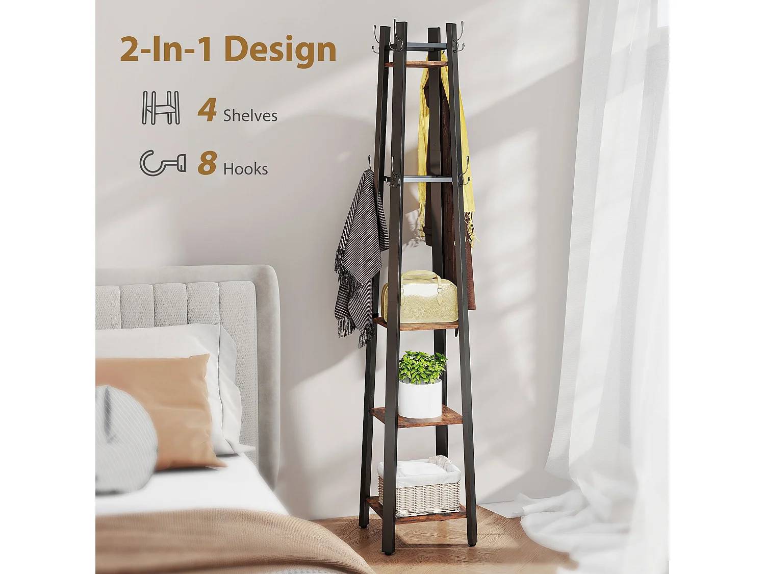 Kareva Industrial Coat Stand with 4 Shelves and 8 Hooks Brown and Black