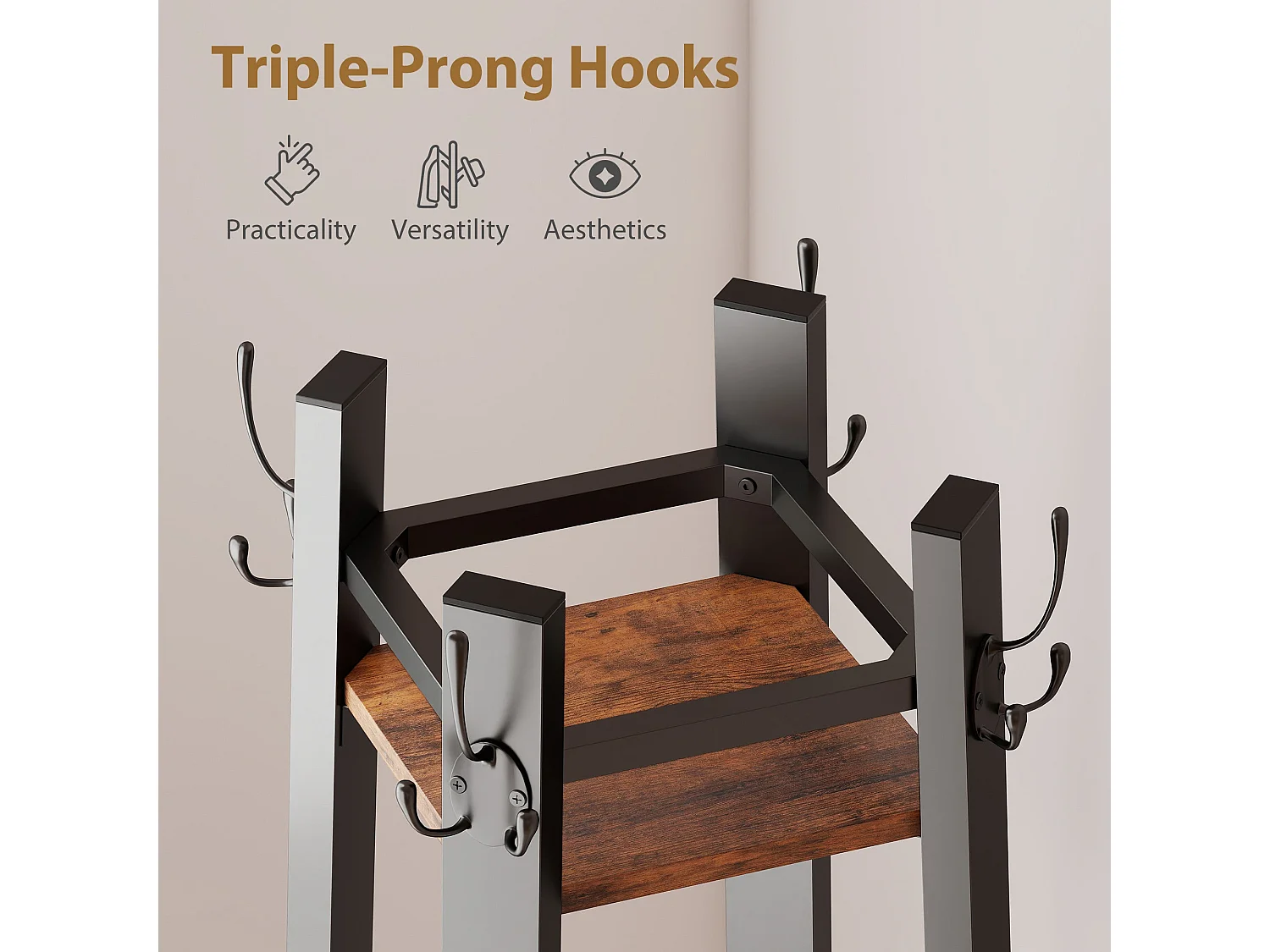 Kareva Industrial Coat Stand with 4 Shelves and 8 Hooks Brown and Black