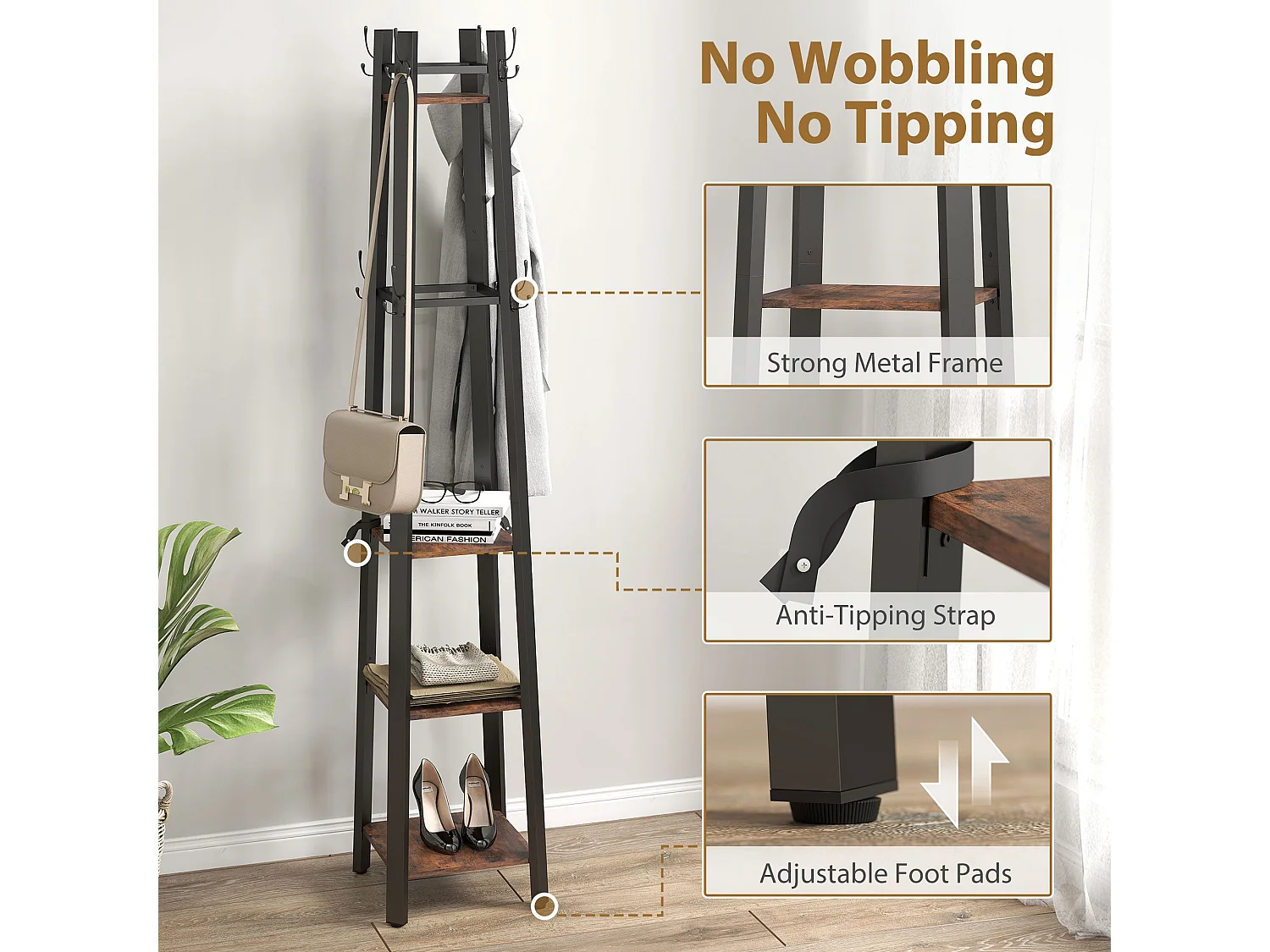Kareva Industrial Coat Stand with 4 Shelves and 8 Hooks Brown and Black