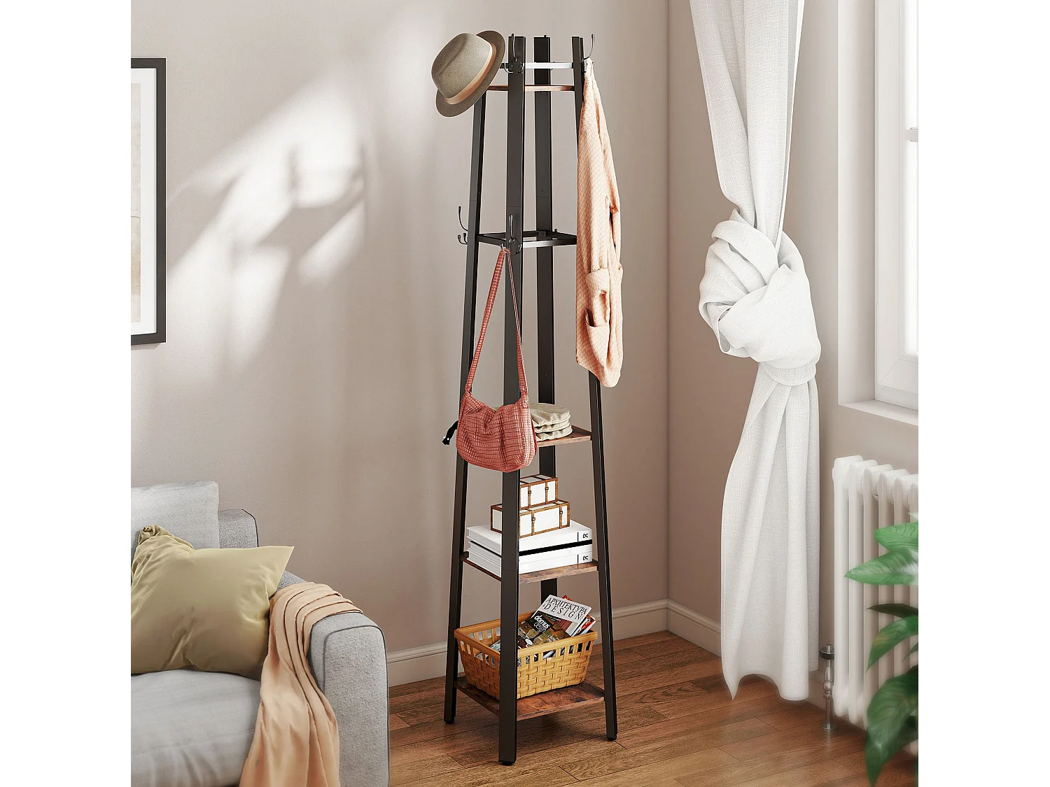 Kareva Industrial Coat Stand with 4 Shelves and 8 Hooks Brown and Black