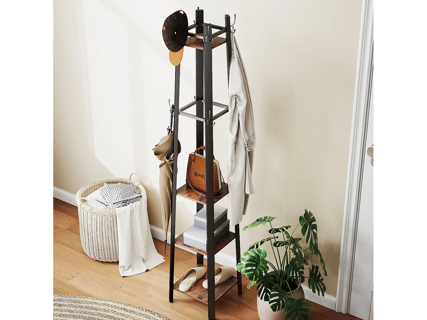 Kareva Industrial Coat Stand with 4 Shelves and 8 Hooks Brown and Black
