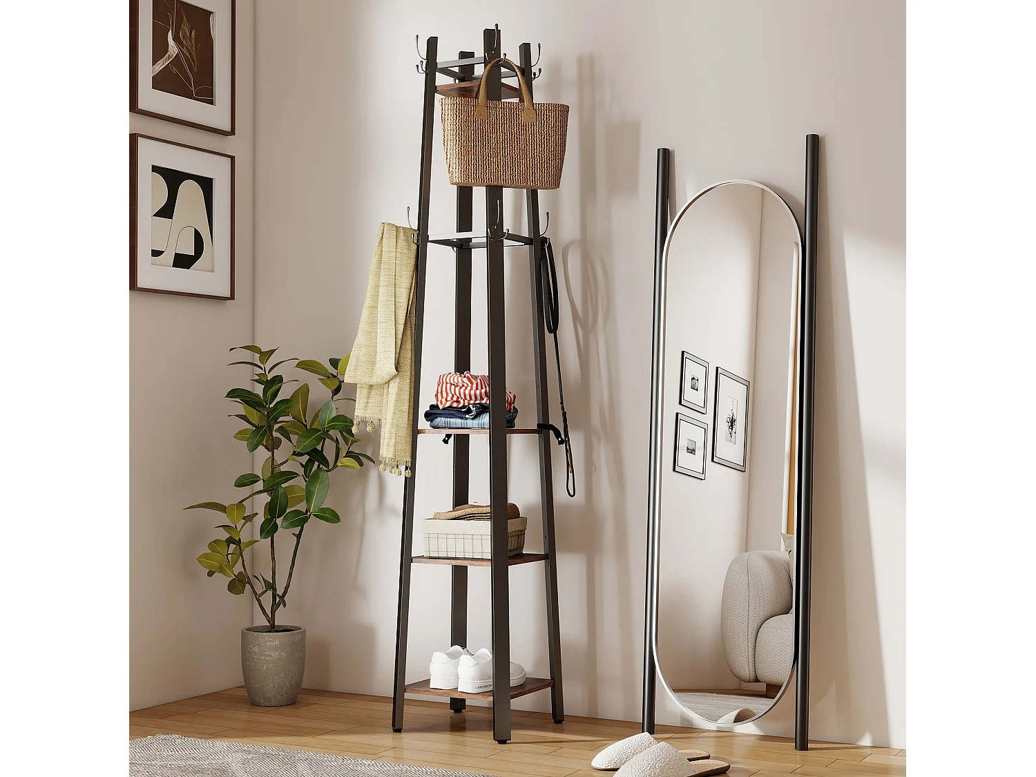 Kareva Industrial Coat Stand with 4 Shelves and 8 Hooks Brown and Black