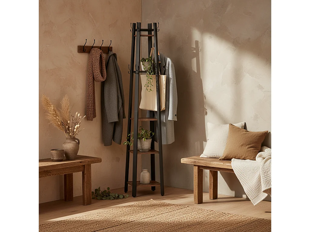 Kareva Industrial Coat Stand with 4 Shelves and 8 Hooks Brown and Black