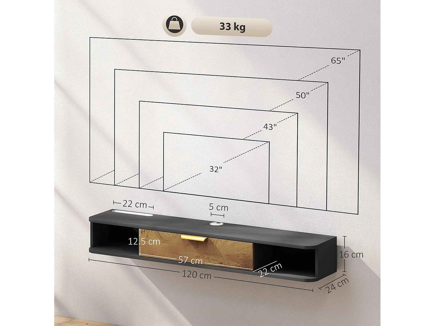 Nova 120cm Charcoal Grey and Natural Wood Effect Floating TV Stand with Storage