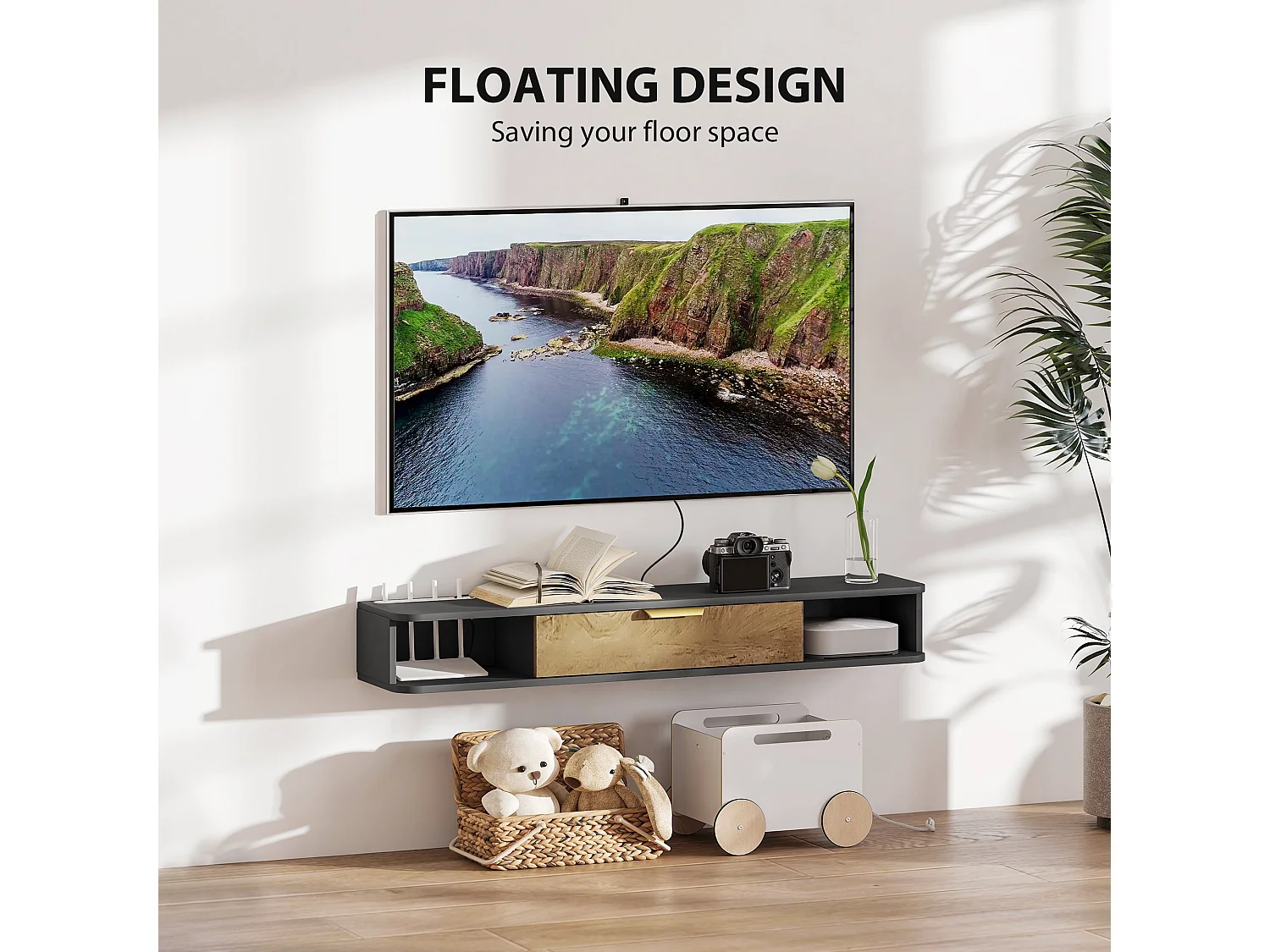 Nova 120cm Charcoal Grey and Natural Wood Effect Floating TV Stand with Storage