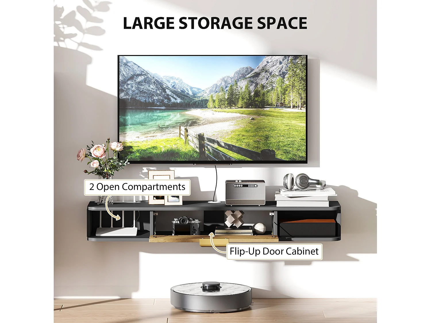 Nova 120cm Charcoal Grey and Natural Wood Effect Floating TV Stand with Storage