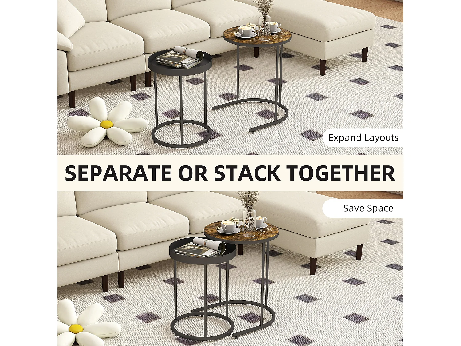 Renovi Set of 2 Square Metal and MDF Nesting Tables Rustic Brown and Black