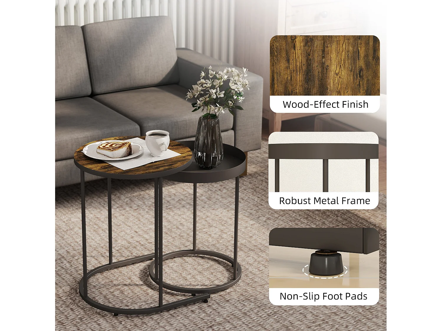 Renovi Set of 2 Square Metal and MDF Nesting Tables Rustic Brown and Black