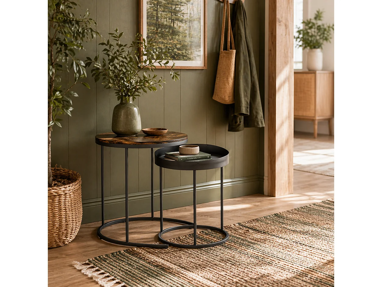 Renovi Set of 2 Square Metal and MDF Nesting Tables Rustic Brown and Black