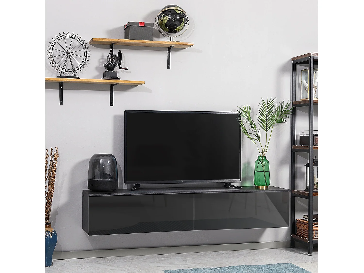 Elkaro High Gloss Grey and Black Floating TV Cabinet with 2 Cupboards for TVs up to 70 inches
