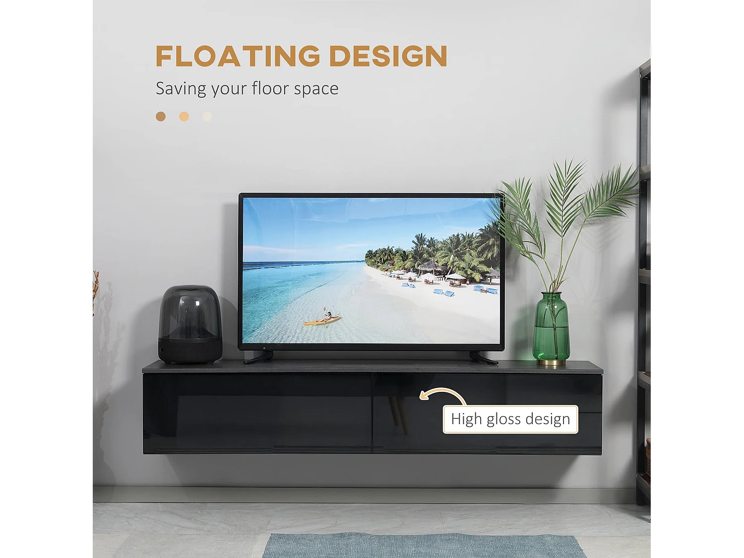 Elkaro High Gloss Grey and Black Floating TV Cabinet with 2 Cupboards for TVs up to 70 inches