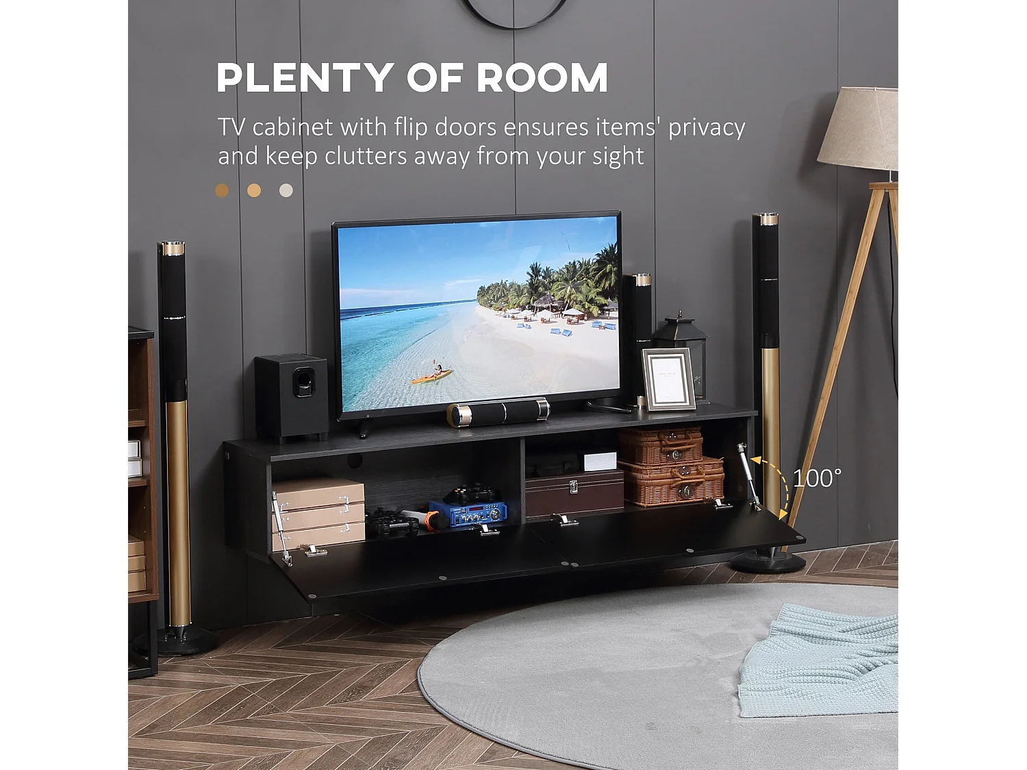Elkaro High Gloss Grey and Black Floating TV Cabinet with 2 Cupboards for TVs up to 70 inches