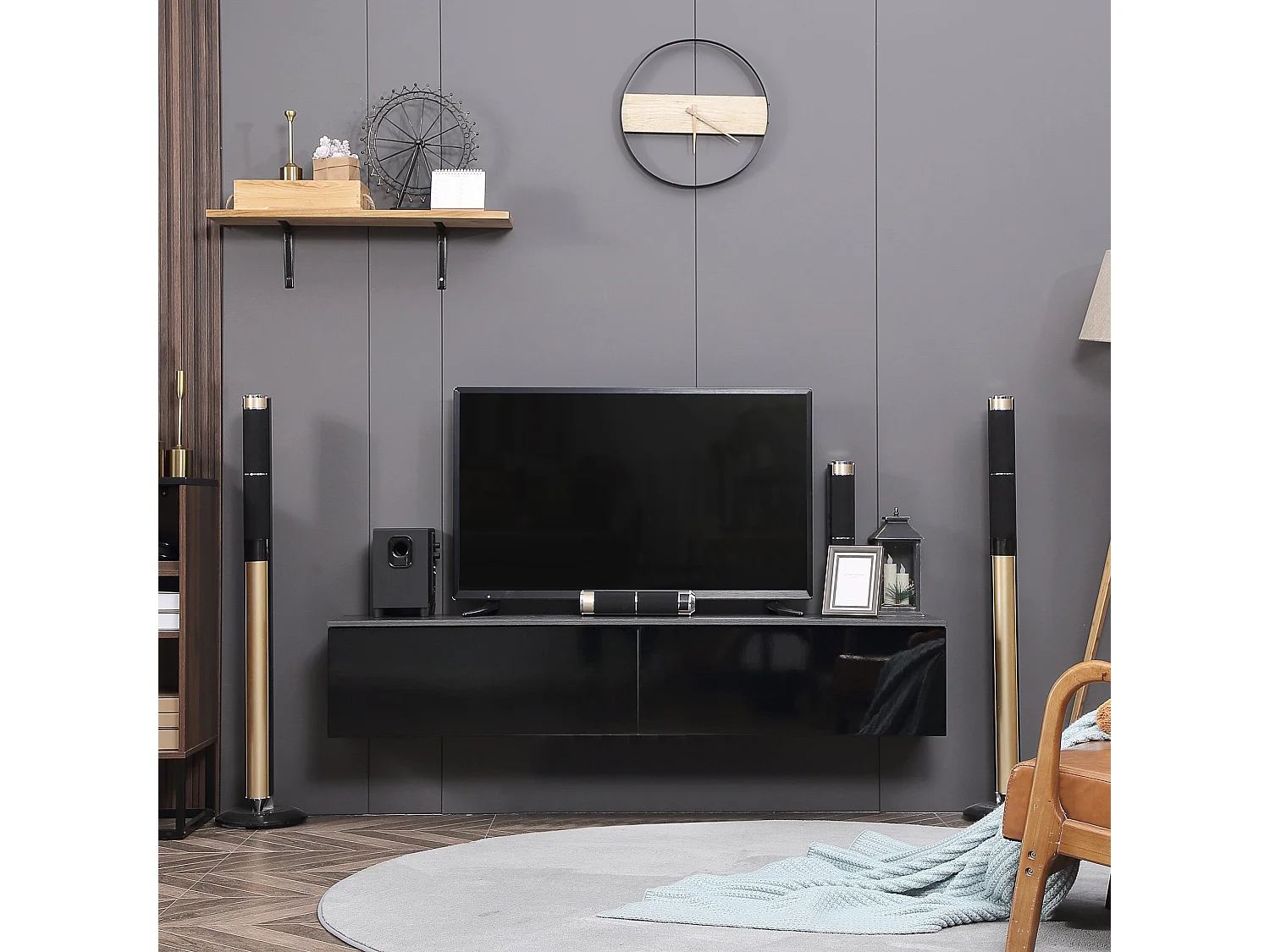 Elkaro High Gloss Grey and Black Floating TV Cabinet with 2 Cupboards for TVs up to 70 inches