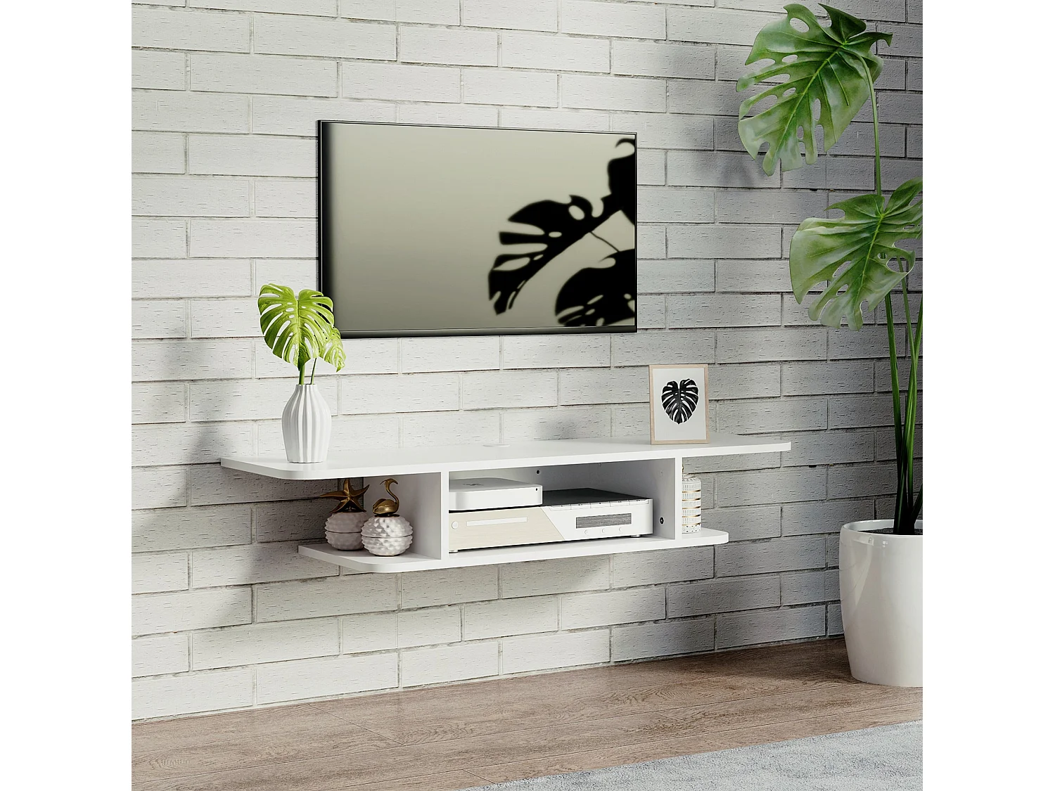 Kere White Floating TV Unit Melamine Particle Board Cable Grommet Fits Up to 40 inch Screens