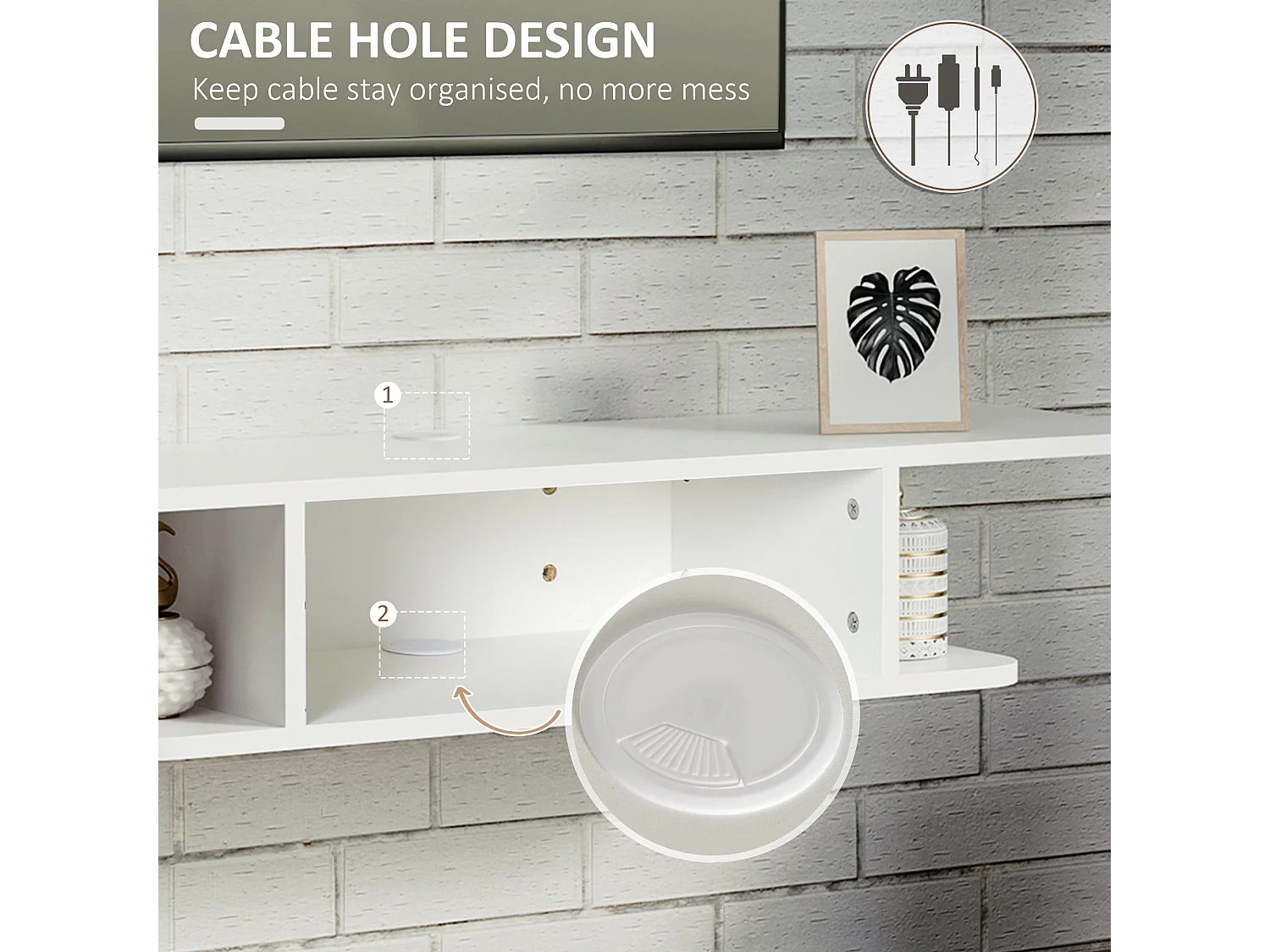 Kere White Floating TV Unit Melamine Particle Board Cable Grommet Fits Up to 40 inch Screens