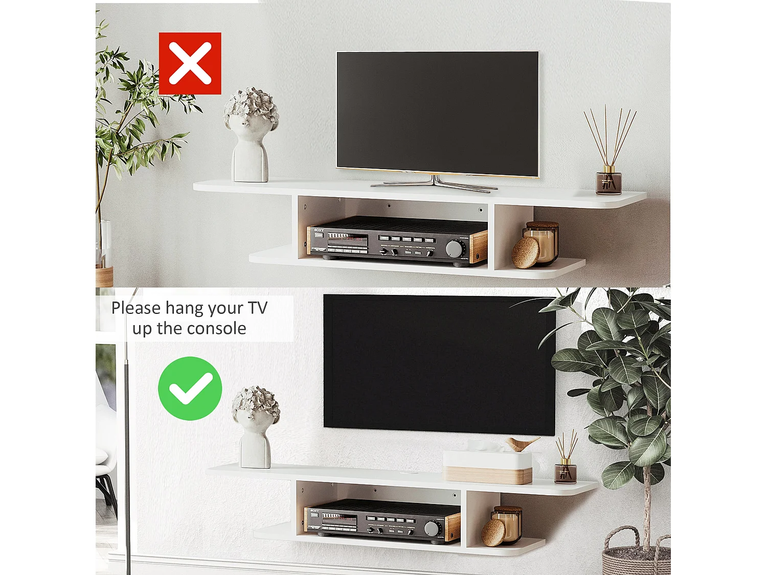 Kere White Floating TV Unit Melamine Particle Board Cable Grommet Fits Up to 40 inch Screens