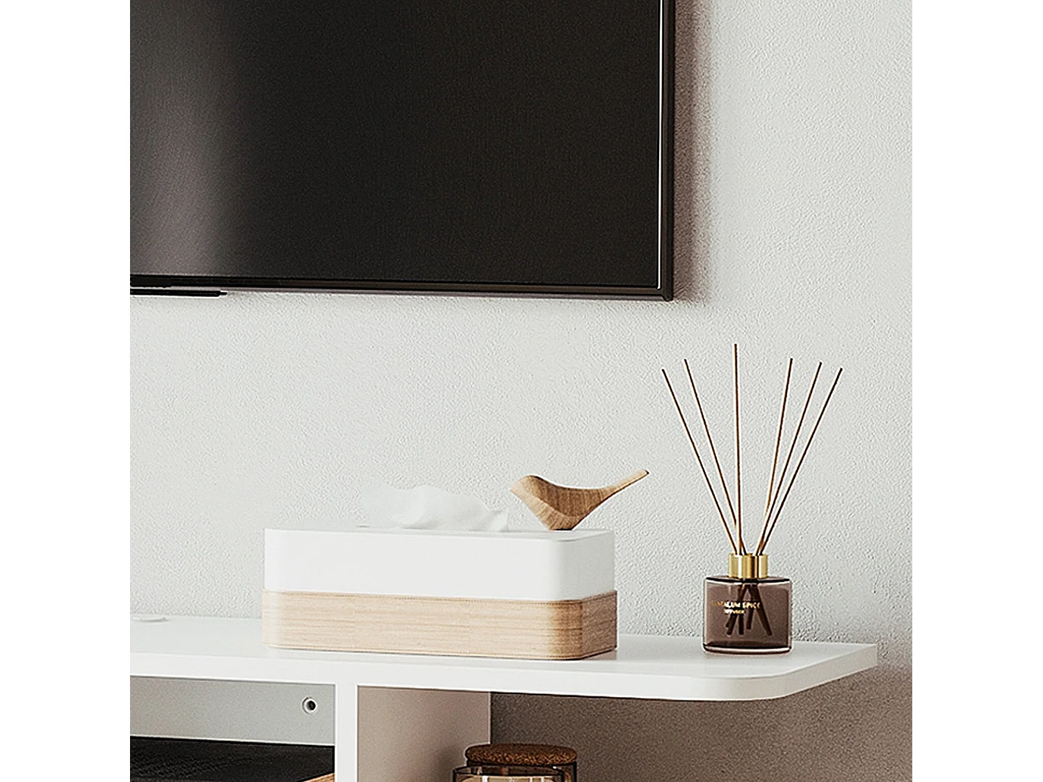 Kere White Floating TV Unit Melamine Particle Board Cable Grommet Fits Up to 40 inch Screens