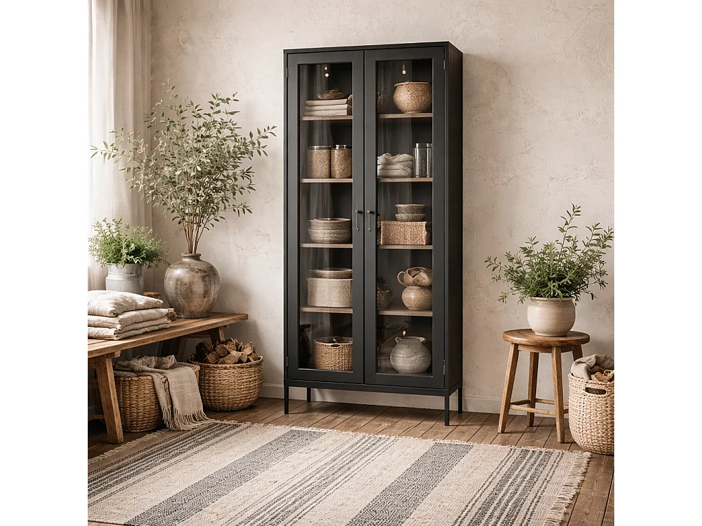 Barla Black Steel Display Cabinet with 2 Glass Doors 70x180x35cm