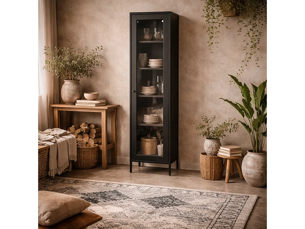 Frank Black Steel Cabinet with Glass Door and 4 Shelves