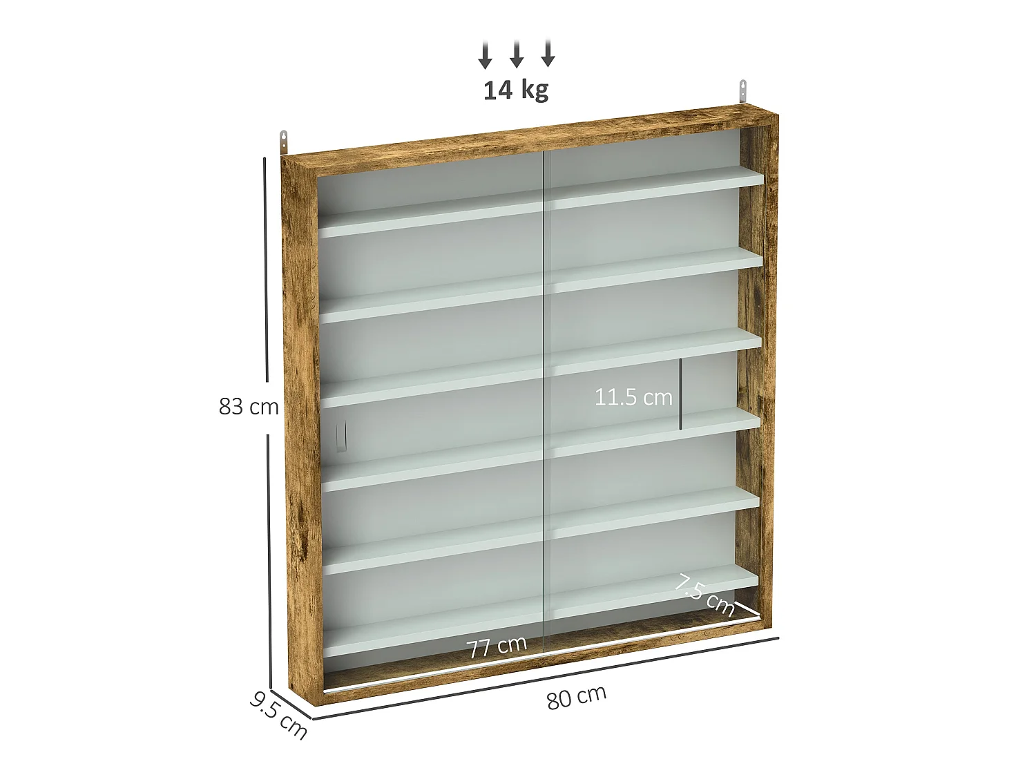 Yovere Rustic Brown Wood and Glass 6 Tier Wall Display Cabinet with Sliding Glass Doors