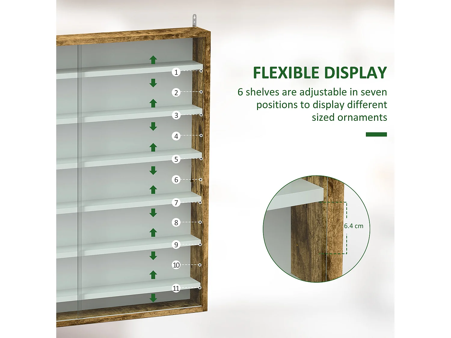 Yovere Rustic Brown Wood and Glass 6 Tier Wall Display Cabinet with Sliding Glass Doors
