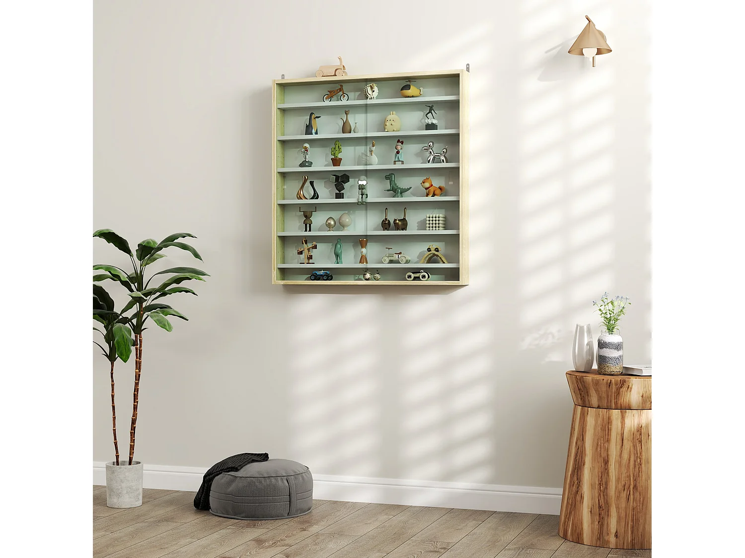Yovere Rustic Brown Wood and Glass 6 Tier Wall Display Cabinet with Sliding Glass Doors
