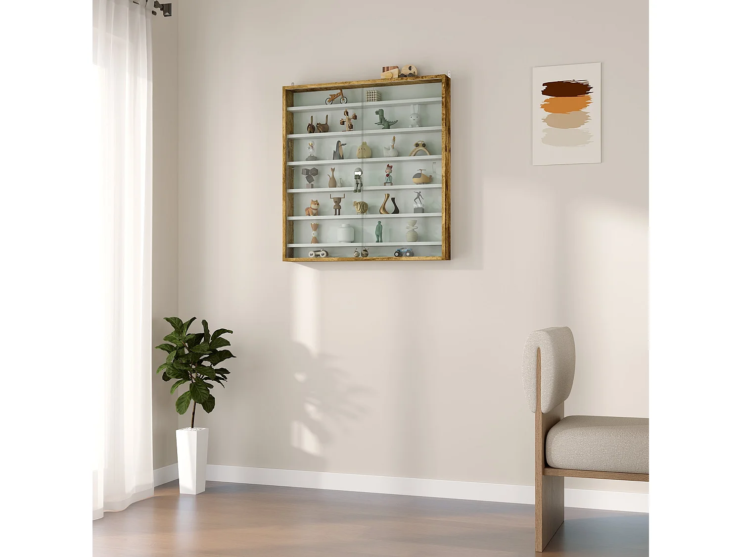 Yovere Rustic Brown Wood and Glass 6 Tier Wall Display Cabinet with Sliding Glass Doors